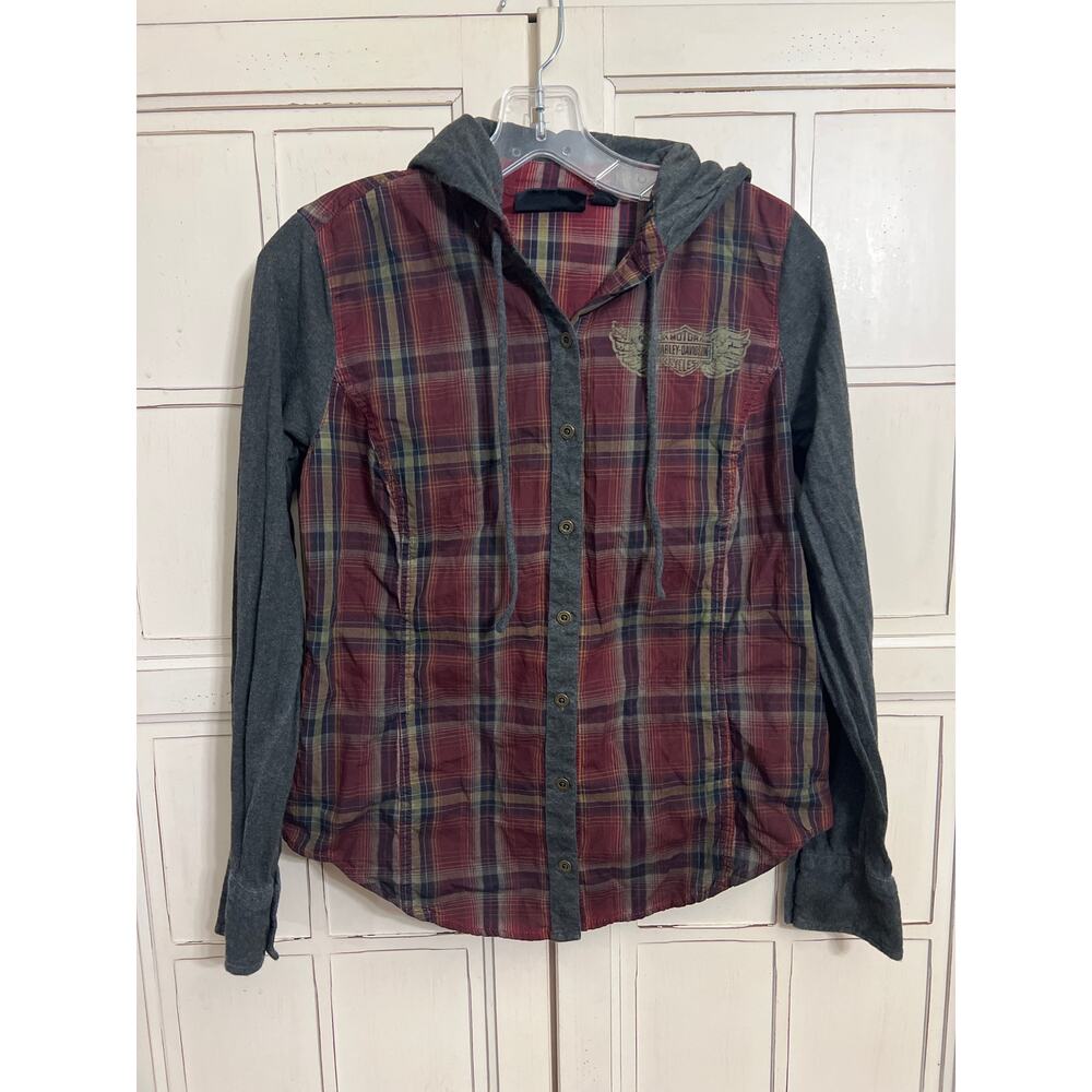 Harley Davidson size small womens plaid hooded button down top shirt